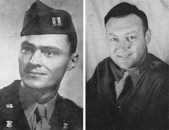 Left: Photo of Captain Thomas A. Rowntree, QMC, Commanding Officer, 612th QM GR Co (joined the unit 30 Nov 43).  Right: 1st Lieutenant Ellis V. Clack, QMC, Executive Officer, 612th QM GR Co (joined the unit 9 Dec 43).