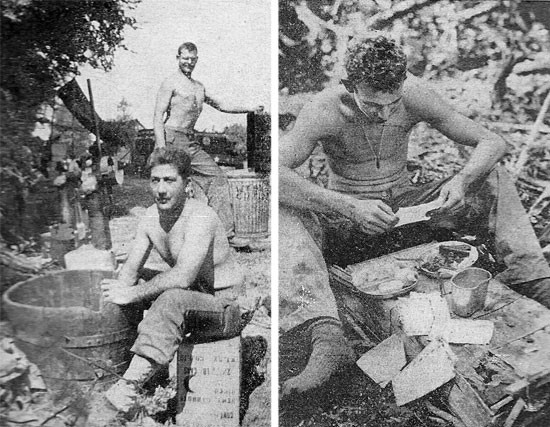 Left: Ste-Mère-Eglise, France, Steve Mikich (foreground) and John Knight (background) wash out a pail and an immersion heater while on KP. Right: Ste-Mère-Eglise, France, mail call is much more interesting than battling the bees for chow.