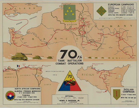 Operations Map of the 70th Tank Battalion during World War II.