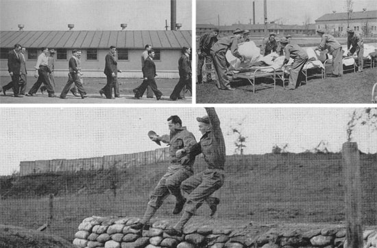 Top left: Reception: new men are being marched to the Recruit Reception Center barracks. Top right: Recruits air their beds in anticipation of their first night in camp. Bottom: Trainees are jumping ditches. Physicial development and conditioning are some of the most important aspects of training.