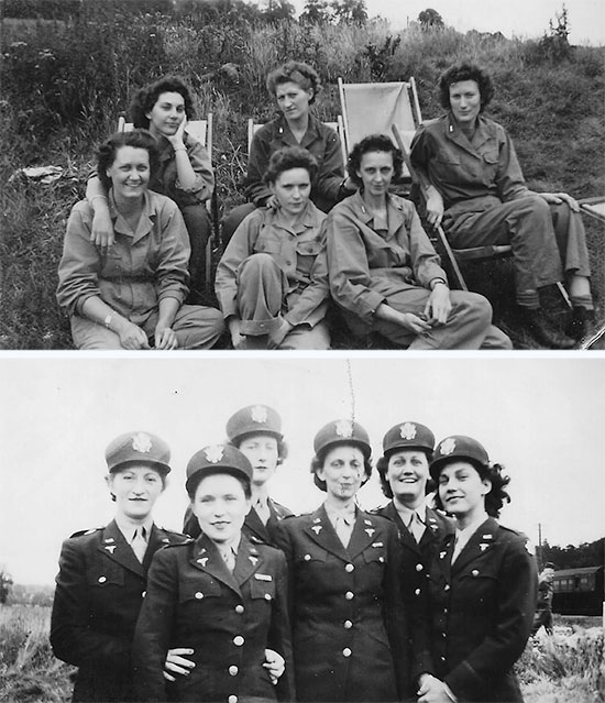 Nurses of the 11th Hospital Train in Exeter, England, July 1944. Front row; from L to R: Nurses Helen Lawrence, Graham, Kennedy. Back row; from L to R: Adrienne Van Houten, Kenny, Watt. Another picture taken in Exeter during the same period. From L to R: Nurses Kenny, Graham, Watt, Kennedy, Helen Lawrence, Adrienne Van Houten. Courtesy Van P. Keele.