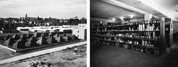 4th General Hospital in Australia. Left: partial view of the Hospital’s initial setup at the Royal Park, Melbourne. Right: Inside view of the Hospital’s Medical Supply Room, at the Royal Melbourne Hospital. 