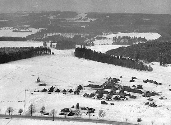 Aerial view of the 326th A/B Med Co’s setup near Sainte-Ode, Belgium, 18 December 1944 (where the small hospital was eventually captured by the enemy).