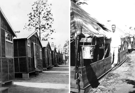 Left: Partial view of prefab hutments (set up in Company Street) used for personnel barracks in Camp McPherson, Atlanta, Georgia. This is the Reception Center where the 4th Convalescent Hospital was activated on 25 January 1943. Right: Partial view of pyramidal tents used to house additional personnel while training at the Reception Center. Both pictures taken in 1943. The organization spent most of its time at the Camp (January – September 1943) while stationed in the Zone of Interior.