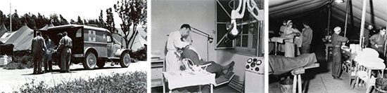 Operations, 7th Field Hospital. From L to R: Arrival of patients by ¾-ton Ambulance. Partial view of Dental Clinic setup. Nurses and Technicians at work in the patients’ ward. 