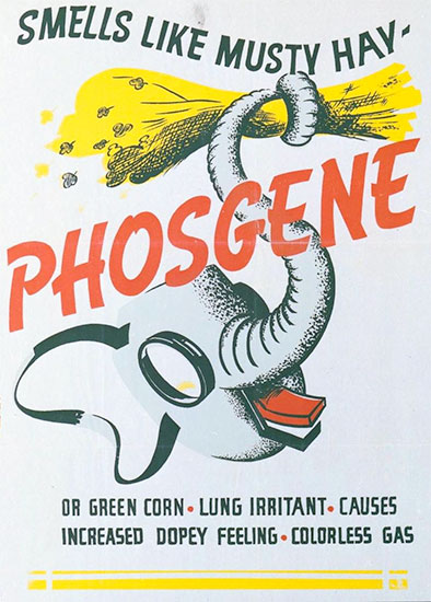 Chemical Warfare Poster, warning against Phosgenes (colorless respiratory irritant gas). 