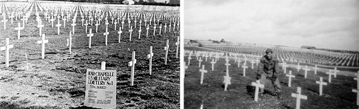 Left: Partial view of Henri-Chapelle Cemetery No. 1, end September, early October 1944. Right: Technician 5th Grade George W. Sekerak, 35533992, at work in the Henri-Chapelle Cemetery. 