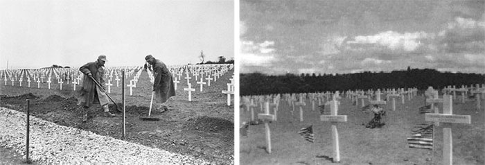 Left: German PW details help landscape the Cemetery that was to become the current Normandy American Cemetery & Memorial. The date is May 28, 1945, and preparations are under way for the celebration of the first Memorial Day overseas. Right: Picture of Fosses-la-Ville Cemetery taken on Memorial Day, May 30, 1945.