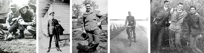From Left to Right: Private First Class Robert R. Johnson and one of the 603d QM GR Co’s pets. Picture of NCO Francis W. Peele, 13033157, taken while the Company was stationed at Camp Sutton in the Zone of Interior. Picture of Private Alton Wells, 355601622, while serving in Belgium. Staff Sergeant Charles D. Butte, 35628092, riding a bike around the H-C Cemetery, Belgium. Some members of the 603d QM GR Co. From Left to Right: Technician 5th Grade Wayne D. Storer; Private Frank M. Valerian, 32055201; and Private First Class Frank J. Sciarra, 33585823, pictures most probably taken in Belgium.