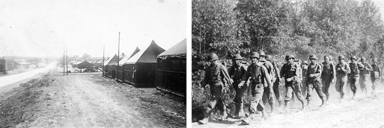 Left: Partial view of Camp Sutton, Monroe, North Carolina, where the 603d Quartermaster Graves Registration Company was activated January 30, 1943. Right: Field exercises held at Camp Sutton, North Carolina. While stationed at Camp Sutton, the 603d QM GR Co took part in many exercises; this particular picture was taken during one of the many hikes. 