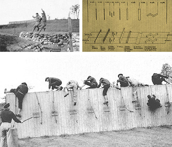 Aspects of the Training Program conducted at Camp Sutton, North Carolina. Top left: One of the exercises while going through the Obstacle Course was jumping a ditch. Top right: Vintage illustration of a typical Obstacle Course in use during World War Two. Bottom: One of the exercises involved wall scaling.