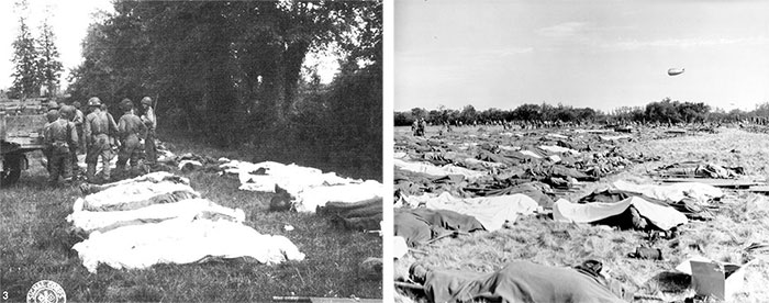 Left: Partial view of temporary Cemetery at Blosville, June 8, 1944. Right: Omaha Beach Collection Point, June 9, 1944. Covered dead bodies on stretchers are awaiting final processing, prior to temporary burial.