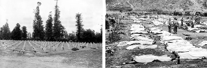 Left: Temorary Cemetery set up at La Cambe, June 10, 1944. Right: Omaha Beach Collection Point, June 12, 1944. Processed dead are being prepared for temporary burial.