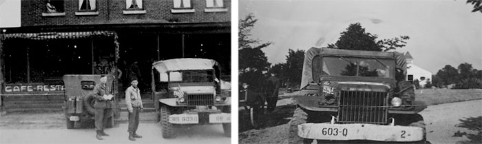 Left: Headquarters vehicles of the 603d QM GR Co during a short mission into Holland. Right: One of the 603d QM GR Co’s Dodge Weapons Carriers in Belgium.