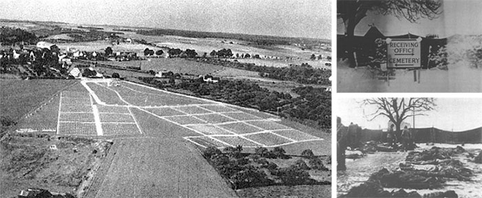 Left: Aerial view of Fosses-la-Ville Cemetery, opened September 8, 1944. Top Right: Entrance sign at Fosses-la-Ville Cemetery, mid-September 1944. Bottom Right: Burial operations conducted at Fosses-la-Ville, around September 1944.