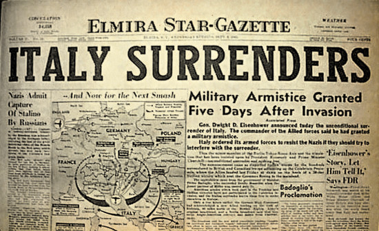 Vintage newspaper Elmira Star-Gazette (Elmira-New York) dated September 8, 1943, announcing the surrender of Italy, which now sided with the Allies as a co-belligerent force.