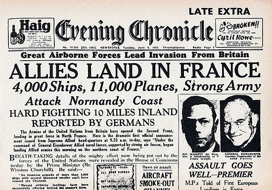 Front page of the British “Evening Chronicle” dated Tuesday, June 6, 1944, announcing the Allied Landings in France.