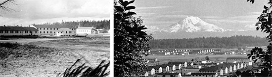 Different views of Fort Lewis, Tacoma, Washington, the next station of the 603d QM GR Co, where the organization further trained and the men took the Physical Fitness Test. This post would become the unit’s last station in the ZI prior to receiving final Alert Orders for movement overseas. From L to R: General view of Fort Lewis still under partial construction. Another view of Fort Lewis with Mount Rainier in the background.