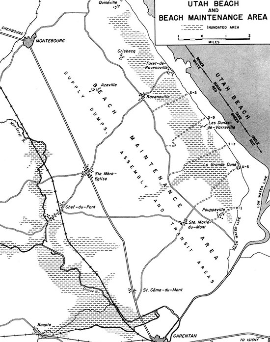 Map illustrating “Utah Beach” and the “Beach Maintenance Area”, which also included the main Assembly and Transit Areas, for incoming seaborne elements of the invasion forces. 