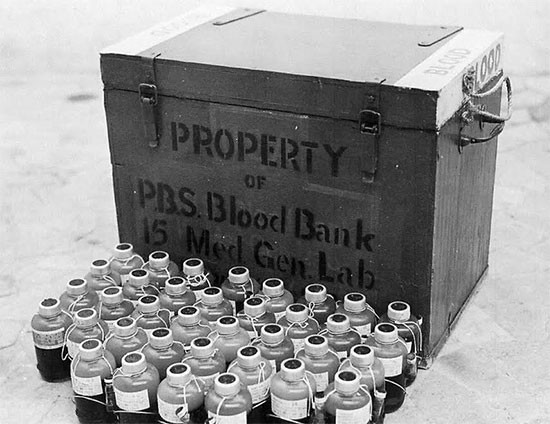 1944, Italy. Blood flasks prepared by the Peninsular Base Section for use in the field.