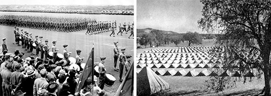 Fort Ord, Monterey, California, where the 595th Ambulance Company, Motor (Separate) was activated 15 September 1943. Left: Large formation on the parade grounds, with troops marching and band ready. Right: Enlisted Men’s bivouac area.