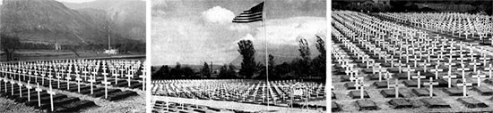 Left: Palermo Cemetery; initially opened by the 48th QM GR Co July 24, 1943. Center: Paestum Cemetery, Italy; initially opened September 20, 1943 by the 47th QM GR Co. Right: Nettuno Cemetery, Italy; initially opened January 24, 1944 by the 48th QM GR Co.