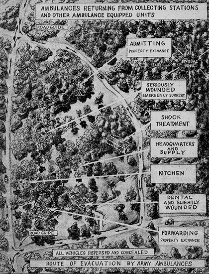 Interesting copy of original Chart No. 174 “Arrangement of Clearing Station”, as illustrated in the “Intructors’ Guide for Medical Department Mobilization Training 8-101”, dated 8 November 1943, published by the “Medical Field Service School”, Carlisle Barracks, Pennsylvania, January 1944.