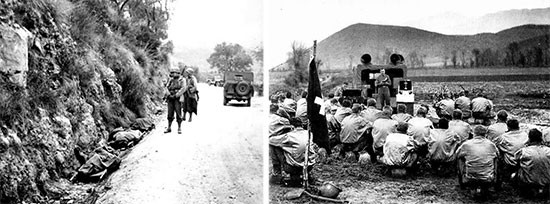 Left: December 1943; Italy. Covered American dead waiting to be collected by a Graves Registration detail. Right: December 25, 1943; Christmas services celebrated somewhere in the field in Italy.