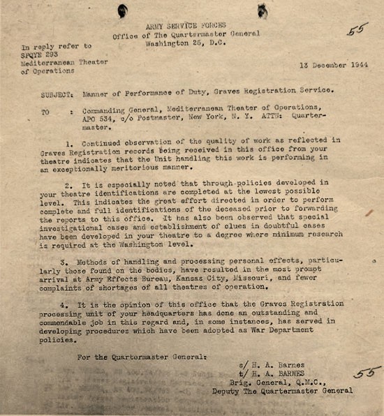 “Letter of Commendation” dated December 13, 1944, addressed to the Chief Quartermaster in Italy, via the Commanding General, Mediterranean Theater of Operations, United States Army (MTOUSA), expressing the Quartermaster General’s (OQMG Washington 24, DC, ZI) great satisfaction with the performance of the GRS units in the Theater.