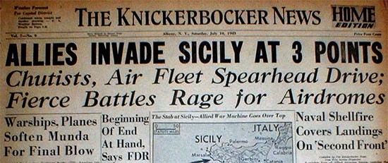 “The Knickerbocker News”, Albany, New York, Zone of Interior, dated July 10, 1943, announces the Allied Invasion Sicily.