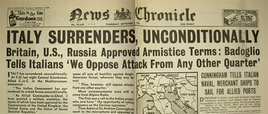 The “News Chronicle”, a British newspaper dated September 9, 1943, announces the unconditional surrender of Italy to the Allies.