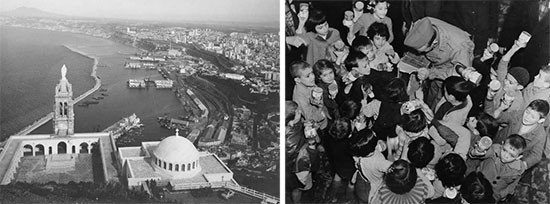  Left: Early 1943; aerial view of Oran harbor, Algeria. Right: 1943; a GI distributes food to French kids in Oran, Algeria.