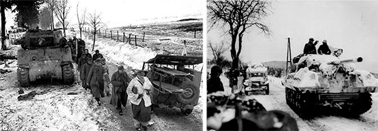 December 1944 – January 1945, winter scenes taken during the Battle of the Bulge in Belgium and the Grand-Duchy of Luxembourg. Left: 1/4-ton ambulance-jeep with litters. Right: 3/4-ton ambulance in the background.