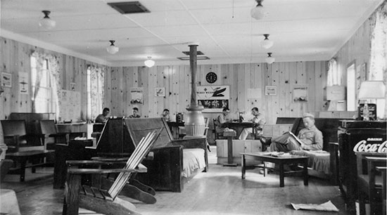 Partial view of the Enlisted Men’s Dayroom at Camp White, Medford, Oregon. This was the Post where the 24th Field Hospital was activated August 19, 1943 and where the organization was stationed until May 15, 1943.