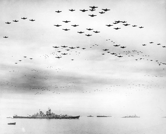 September 2, 1945; impressive number of US fighter planes over the battleship USS Missouri during the Japanese Surrender ceremony.