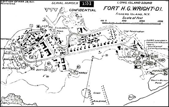 Layout map of Fort Horatio G. Wright, Fisher’s Island, New York, where the 12th and 19th Evacuation Hospitals were combined in 1942 to form a single unit.