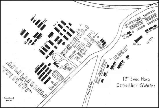 Map illustrating the general layout of the 12th Evacuation Hospital, Carmarthen, Wales, United Kingdom.