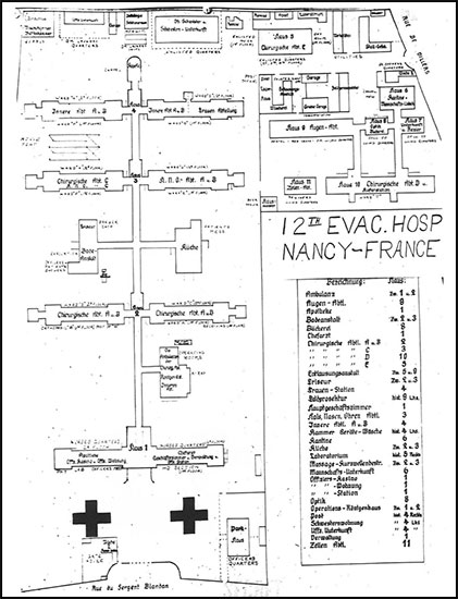 Layout of the 12th Evacuation Hospital at Nancy, Lorraine, France. Data superimposed on captured German map (Hospital previously used by German Wehrmacht). 