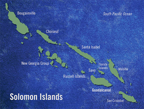 Map illustrating the many islands of the Solomons group, where the 24th Field Hospital served.