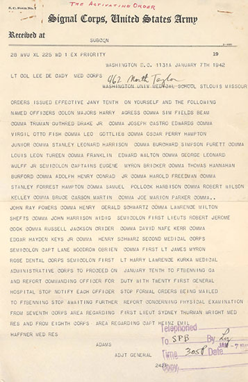 Copy of Activation Order under the form of a “priority message”, dated January 7, 1942, ordering a number of Officers to proceed to Fort Benning, Georgia, and report for duty to the Commanding Officer of the 21st General Hospital (the unit was activated January 12, 1942).