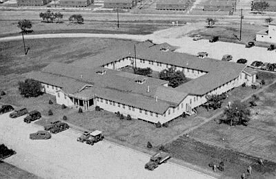 Partial aerial view of Camp Bowie, Brownwood, Texas, where the 10th Field Hospital was activated  6 July 1942. The site was an Armored Division Camp with a total acreage of 116,264 and a troop capacity for 2,237 Officers and 43,247 Enlisted Men.