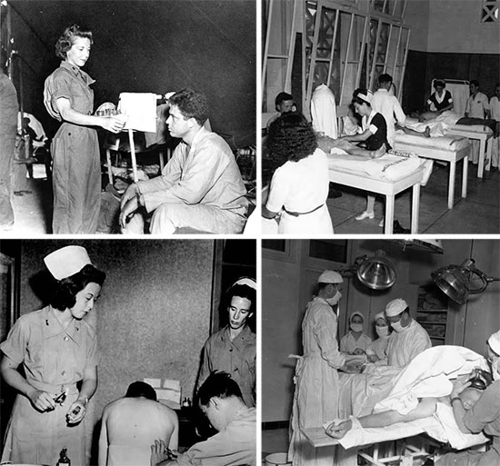 Different aspects of medical activities at the Sidi Bou Hanifia resort, with illustrations taken in June-July 1943. Second Lieutenant Carolyn Klingle, ANC, tends an unidentified patient in Sidi Bou Hanifia. Scene depicting the Physiotherapy Room at Sidi Bou Hanifia. Thoracentesis treatment of a patient. Operating Room in action.