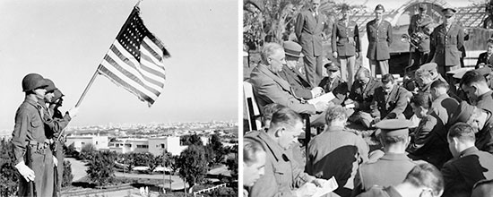 Allied Conference, Casablanca, French Morocco 14-24 January 1943. Left: US Army Color Guard. Right: President Franklin D. Roosevelt (1882-1945) and British Prime Minister Winston L. Churchill (1874-1965) during one of the many press conferences and interviews in Casablanca.  