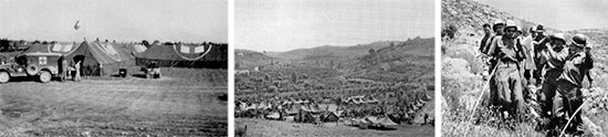 Medical operations in Italy. Left: Patients arrive at a Fifth US Army Clearing Station, November 1943. Center: Clearing Station of the 85th Infantry Division, Italy. Right: Italian civilians help carry a casualty down a mountain trail. 