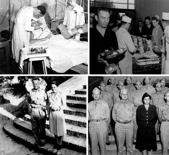 Partial view of Dental Section with Captain Stanley S. Goldberg at work. View of Enlisted Men Patients’ Mess with Head Dietitian, First Lieutenant Kathleen R. Creech overlooking the situation, March 1944. Photograph of Colonel Lee D. Cady and Major Lucille S. Spalding at the Terme di Agnano (spa) during a “family dinner” organized by Lieutenant Colonel Harry Agress, 21st General Hospital, August 1944. Officers of the 21st General Hospital, responsible for the Rehabilitation Program, Naples, Italy. First row, from L to R: Lt. Colonel Truman G. Drke, Jr., Colonel Lee D. Cady, Captain Lucille S. Spalding, Lt. Colonel John F. Patton; second row, from L to R: Major A. A. Bolotin, Lt. Colonel Sim F. Beam, Major Henry G. Schwartz, Captain Bernard Greene; third row, from L to R: Lt. Colonel Lawrence M. Mulhall, Major Joe M. Parker, Major Joseph C. Edwards, Captain Robert E. Peck. 