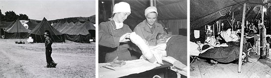 Medical operations in France. Left: Field bivouac setup somewhere inland, France. Center: Nurses placing a plaster of Paris cast on a patient’s arm. Right: Partial view of post-operative ward at Grandvilliers, end October 1944.