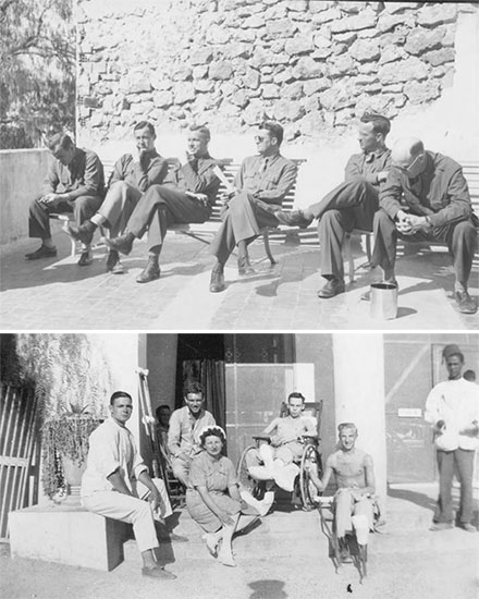 Top: Officers relax in the sun at Bou Hanifia, Algeria, 1943. From L to R: Captain John H. Wedig, Captain Dan W. Myers, Major Lewis H. Oden, Jr., Major Sim F. Beam, 1st Lieutenant Glen P. Kallenbach, Major Ernest P. Buxton, Jr.  Bottom: Patients’ Ward, Bou Hanifia, Algeria. 2d Lieutenant Irene P. Steplyk taking a break with patients, 1943.