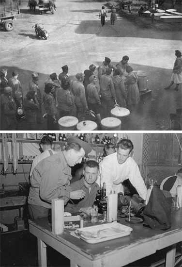 Top: Officers and Nurses Mess at Termini di Agnano, Naples, Italy, December 1943. Bottom: Research Laboratory, Naples, Italy. From L to R: Lt. Colonel Harry Agress, Tec 4 Thomas F. Burke, Tec 4 Kenneth F. Miles, March 1944.