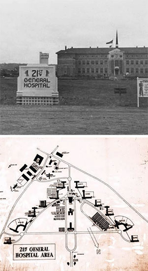 Administration building and signpost, 21st General Hospital, Mirecourt, France, the organization’s last overseas operation. Vintage map illustrating the Hospital’s area.