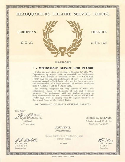 Copy of Meritorious Service Unit Plaque document (souvenir distriubution)  awarded to the 21st General Hospital, September 20, 1945.